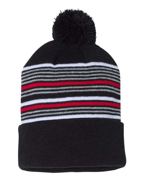 Sportsman SP60 12" Striped Pom-Pom Cuffed Beanie