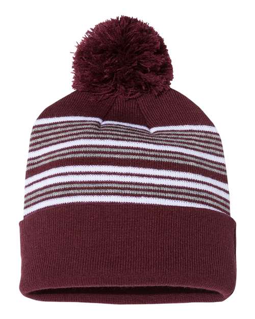 Sportsman SP60 12" Striped Pom-Pom Cuffed Beanie