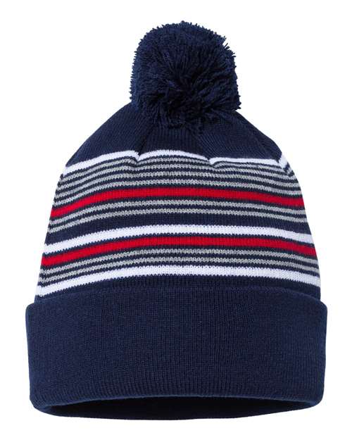 Sportsman SP60 12" Striped Pom-Pom Cuffed Beanie