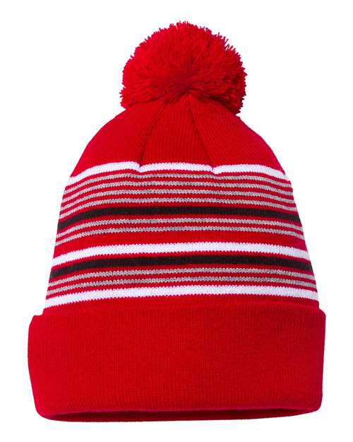 Sportsman SP60 12" Striped Pom-Pom Cuffed Beanie